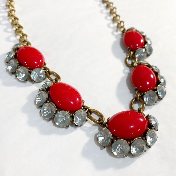 Stella & Dot Mae Gold Chain Necklace Red Beads & Light Blue Rhinestones Collar - Picture 2 of 6